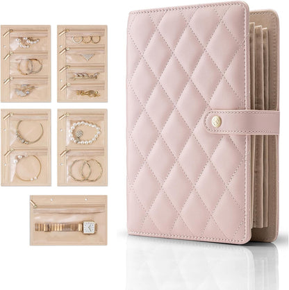 Jewelry Book Organizer - Leather Travel Jewelry Case with 5 Detachable Pages for Necklaces, Rings, Earrings, Tangle-Free, Giftable,Seashell Pink