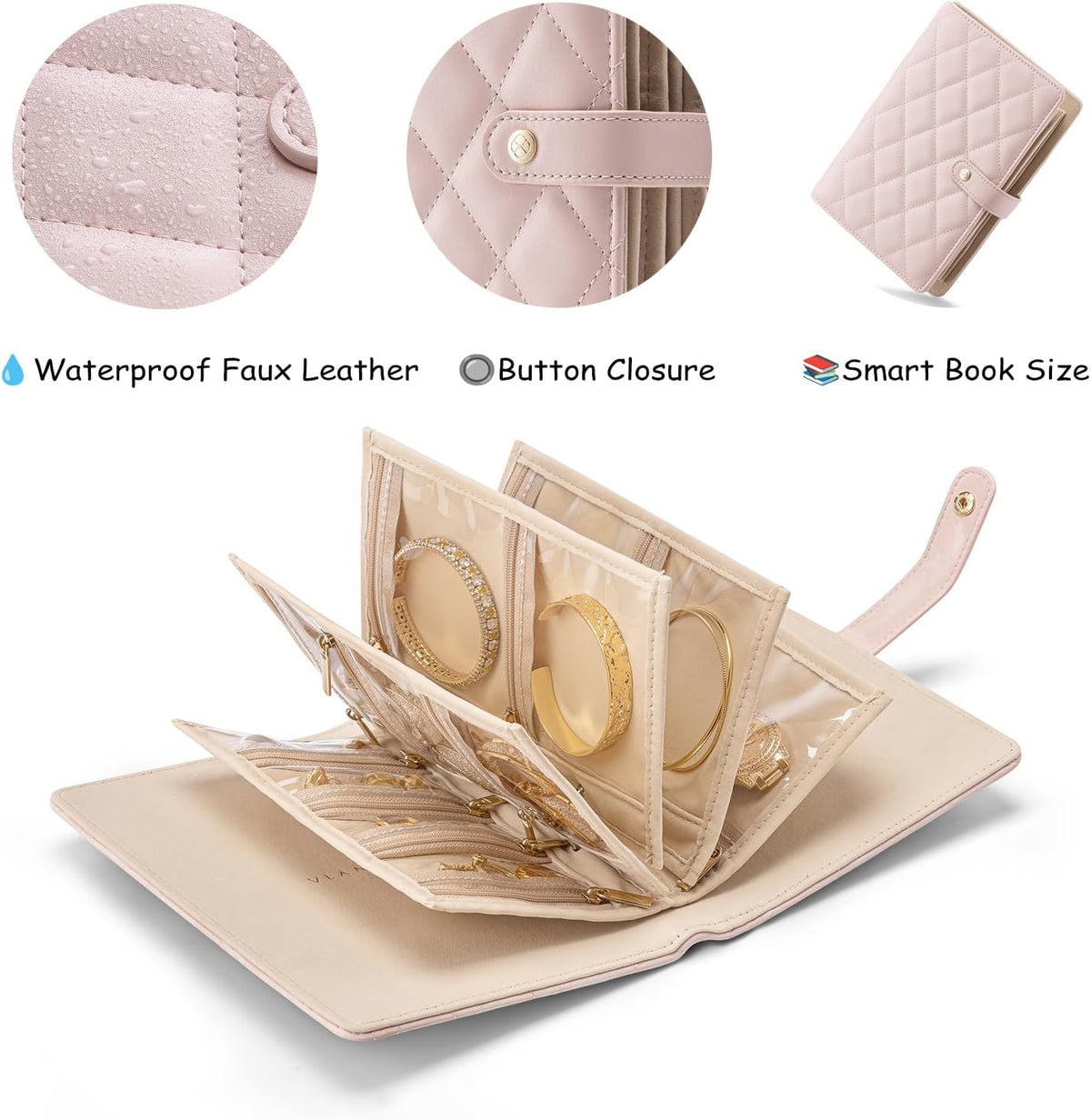 Jewelry Book Organizer - Leather Travel Jewelry Case with 5 Detachable Pages for Necklaces, Rings, Earrings, Tangle-Free, Giftable,Seashell Pink