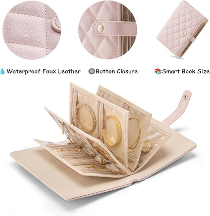 Jewelry Book Organizer - Leather Travel Jewelry Case with 5 Detachable Pages for Necklaces, Rings, Earrings, Tangle-Free, Giftable,Seashell Pink