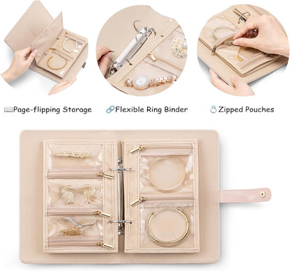 Jewelry Book Organizer - Leather Travel Jewelry Case with 5 Detachable Pages for Necklaces, Rings, Earrings, Tangle-Free, Giftable,Seashell Pink