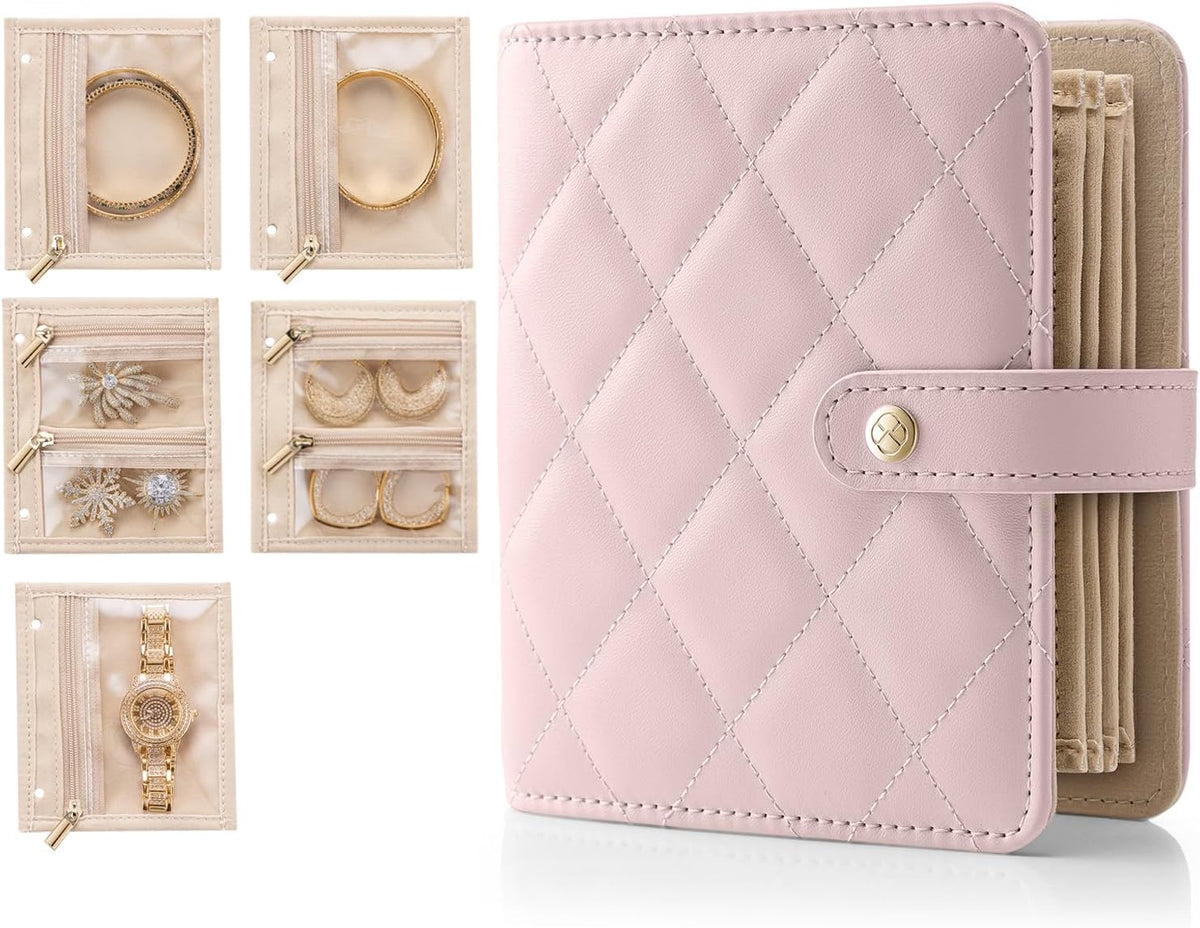 Jewelry Book Organizer - Leather Travel Jewelry Case with 5 Detachable Pages for Necklaces, Rings, Earrings, Tangle-Free, Giftable,Seashell Pink
