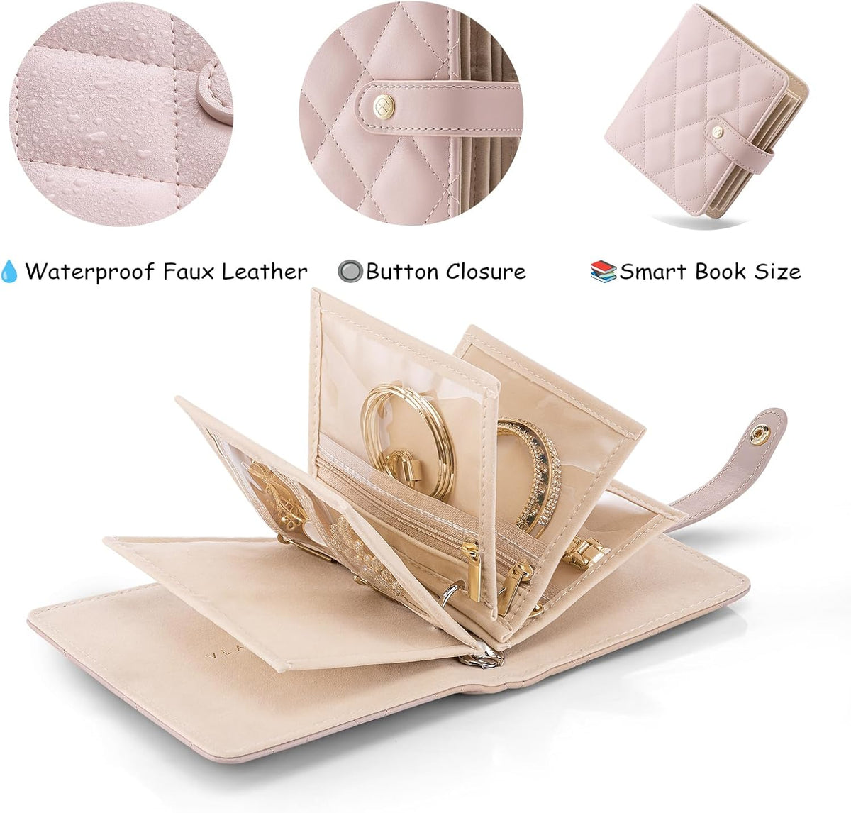 Jewelry Book Organizer - Leather Travel Jewelry Case with 5 Detachable Pages for Necklaces, Rings, Earrings, Tangle-Free, Giftable,Seashell Pink