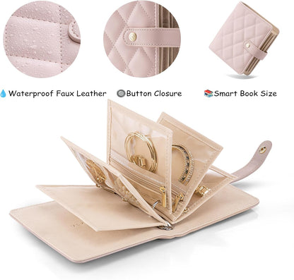 Jewelry Book Organizer - Leather Travel Jewelry Case with 5 Detachable Pages for Necklaces, Rings, Earrings, Tangle-Free, Giftable,Seashell Pink