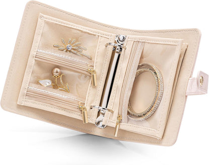 Jewelry Book Organizer - Leather Travel Jewelry Case with 5 Detachable Pages for Necklaces, Rings, Earrings, Tangle-Free, Giftable,Seashell Pink
