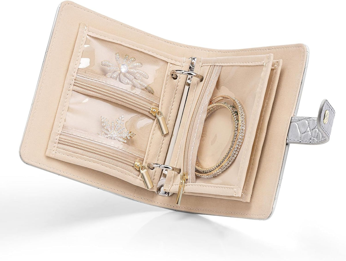 Jewelry Book Organizer - Leather Travel Jewelry Case with 5 Detachable Pages for Necklaces, Rings, Earrings, Tangle-Free, Giftable,Seashell Pink