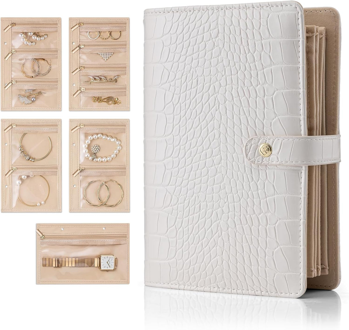 Jewelry Book Organizer - Leather Travel Jewelry Case with 5 Detachable Pages for Necklaces, Rings, Earrings, Tangle-Free, Giftable,Seashell Pink