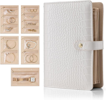 Jewelry Book Organizer - Leather Travel Jewelry Case with 5 Detachable Pages for Necklaces, Rings, Earrings, Tangle-Free, Giftable,Seashell Pink