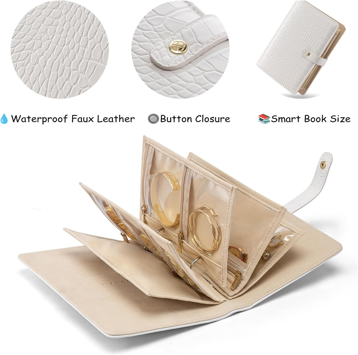 Jewelry Book Organizer - Leather Travel Jewelry Case with 5 Detachable Pages for Necklaces, Rings, Earrings, Tangle-Free, Giftable,Seashell Pink
