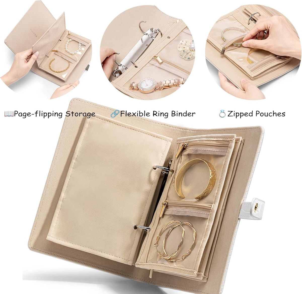 Jewelry Book Organizer - Leather Travel Jewelry Case with 5 Detachable Pages for Necklaces, Rings, Earrings, Tangle-Free, Giftable,Seashell Pink