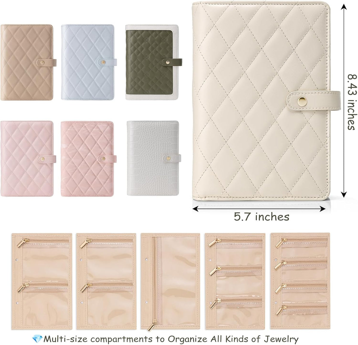 Jewelry Book Organizer - Leather Travel Jewelry Case with 5 Detachable Pages for Necklaces, Rings, Earrings, Tangle-Free, Giftable,Seashell Pink