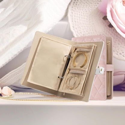 Jewelry Book Organizer - Leather Travel Jewelry Case with 5 Detachable Pages for Necklaces, Rings, Earrings, Tangle-Free, Giftable,Seashell Pink