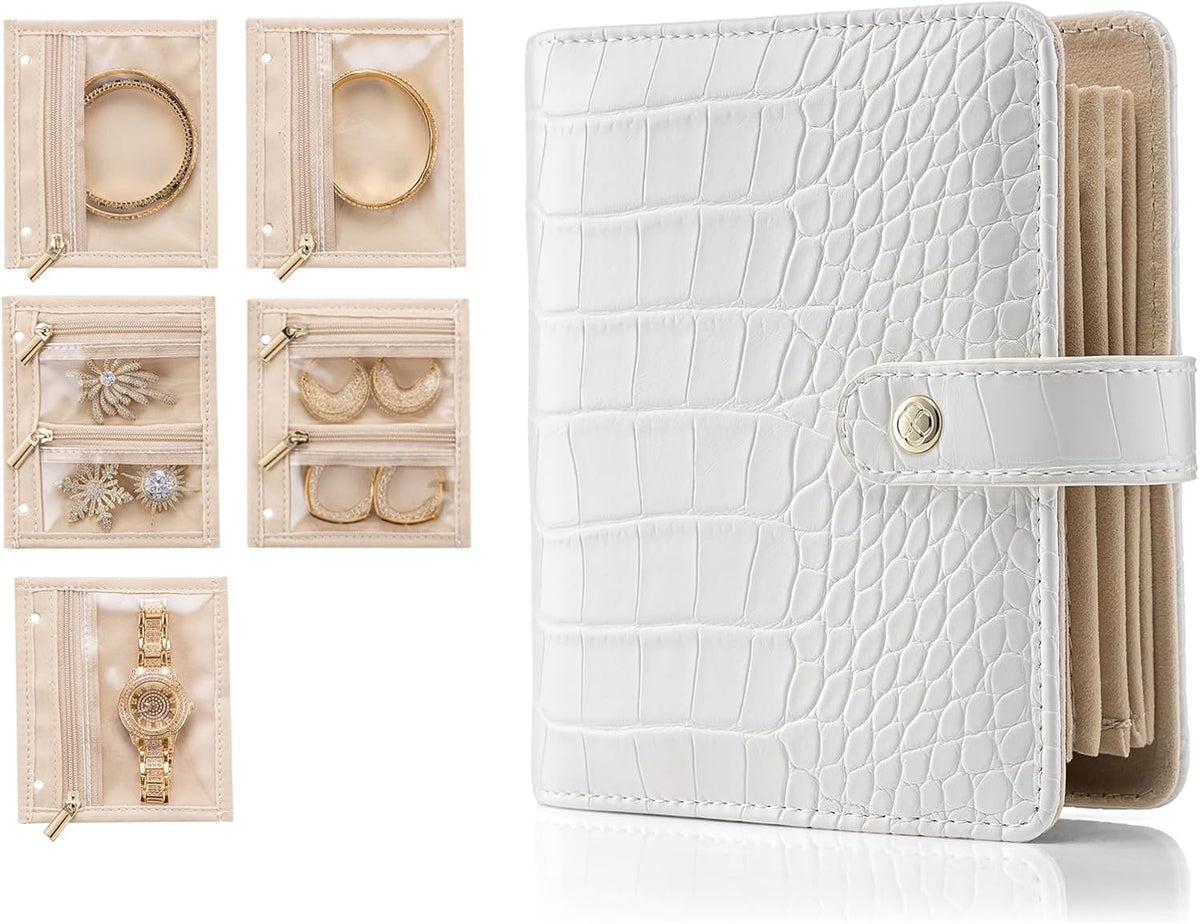 Jewelry Book Organizer - Leather Travel Jewelry Case with 5 Detachable Pages for Necklaces, Rings, Earrings, Tangle-Free, Giftable,Seashell Pink