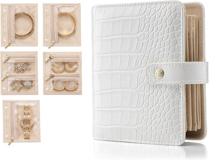 Jewelry Book Organizer - Leather Travel Jewelry Case with 5 Detachable Pages for Necklaces, Rings, Earrings, Tangle-Free, Giftable,Seashell Pink