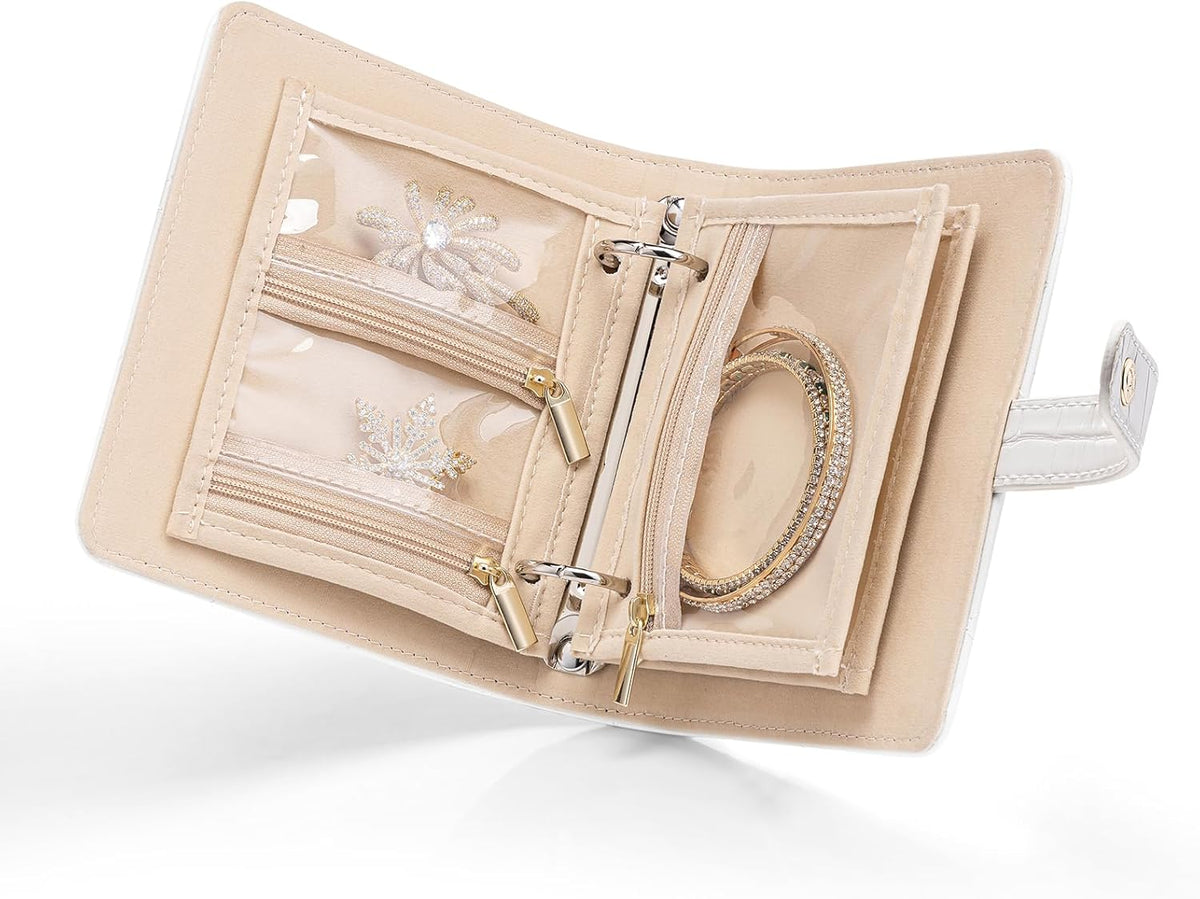 Jewelry Book Organizer - Leather Travel Jewelry Case with 5 Detachable Pages for Necklaces, Rings, Earrings, Tangle-Free, Giftable,Seashell Pink