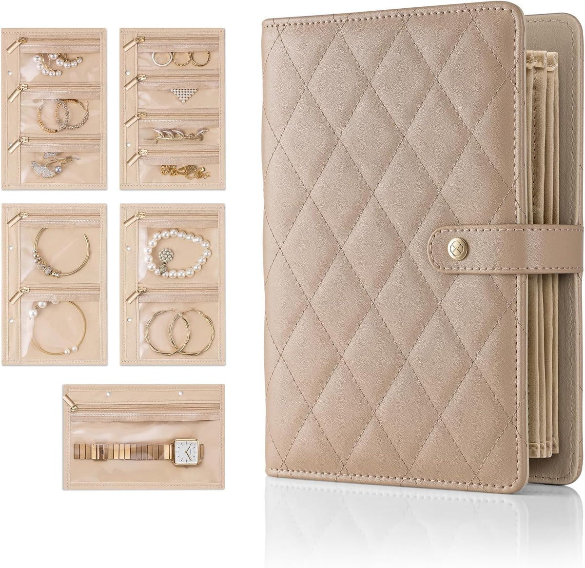 Jewelry Book Organizer - Leather Travel Jewelry Case with 5 Detachable Pages for Necklaces, Rings, Earrings, Tangle-Free, Giftable,Seashell Pink