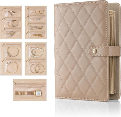 Jewelry Book Organizer - Leather Travel Jewelry Case with 5 Detachable Pages for Necklaces, Rings, Earrings, Tangle-Free, Giftable,Seashell Pink