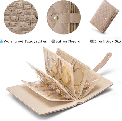Jewelry Book Organizer - Leather Travel Jewelry Case with 5 Detachable Pages for Necklaces, Rings, Earrings, Tangle-Free, Giftable,Seashell Pink