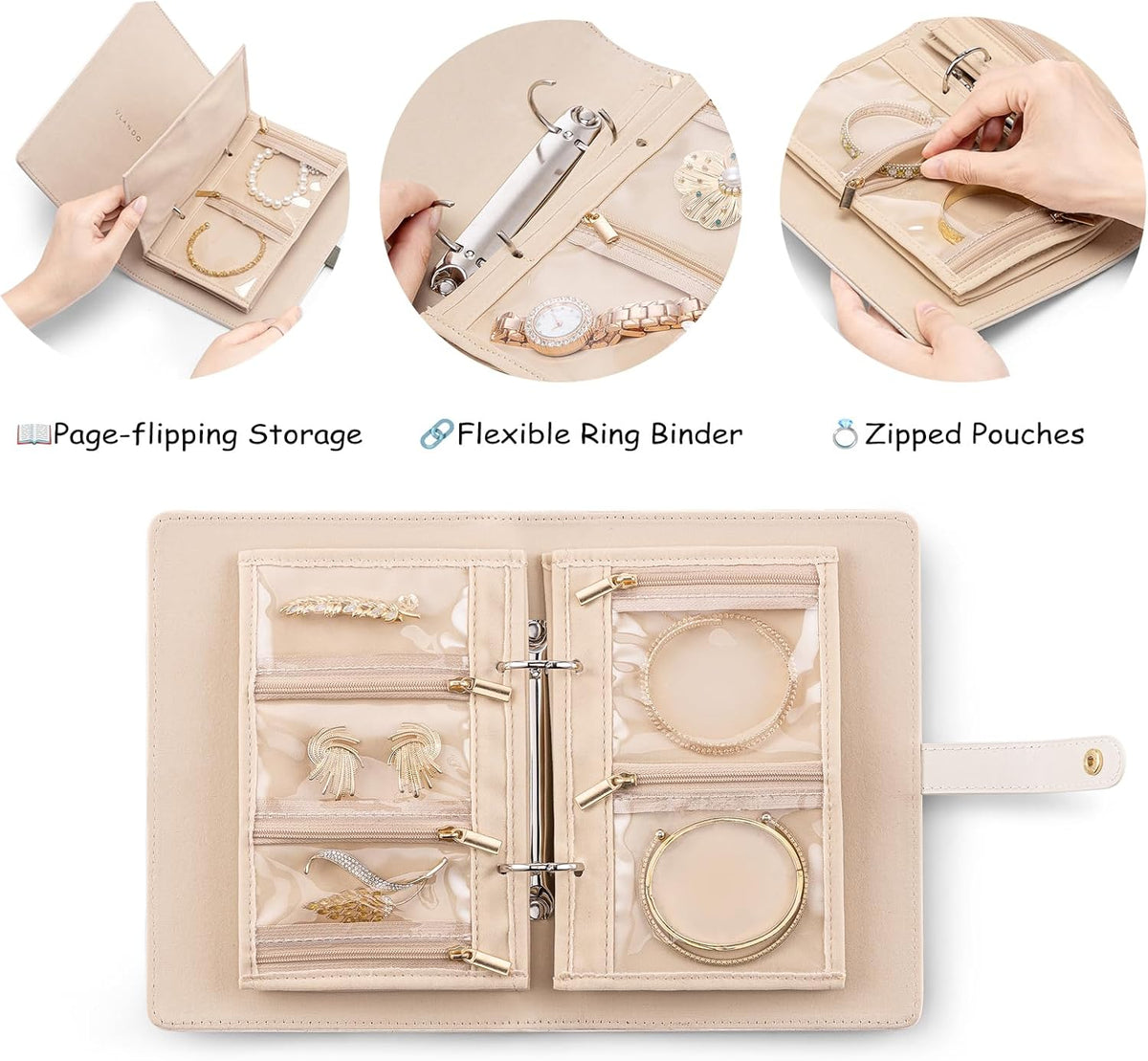 Jewelry Book Organizer - Leather Travel Jewelry Case with 5 Detachable Pages for Necklaces, Rings, Earrings, Tangle-Free, Giftable,Seashell Pink