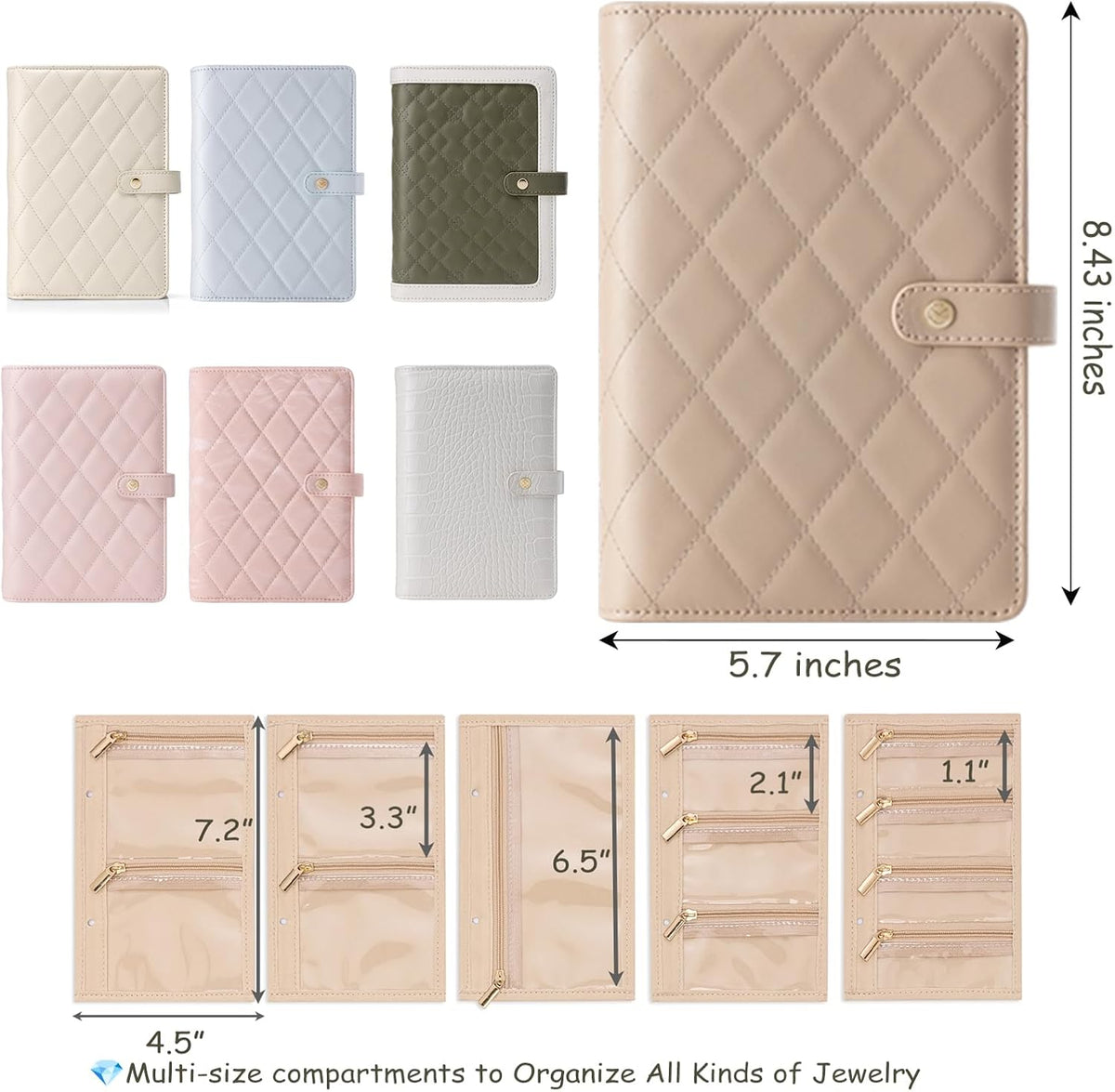 Jewelry Book Organizer - Leather Travel Jewelry Case with 5 Detachable Pages for Necklaces, Rings, Earrings, Tangle-Free, Giftable,Seashell Pink