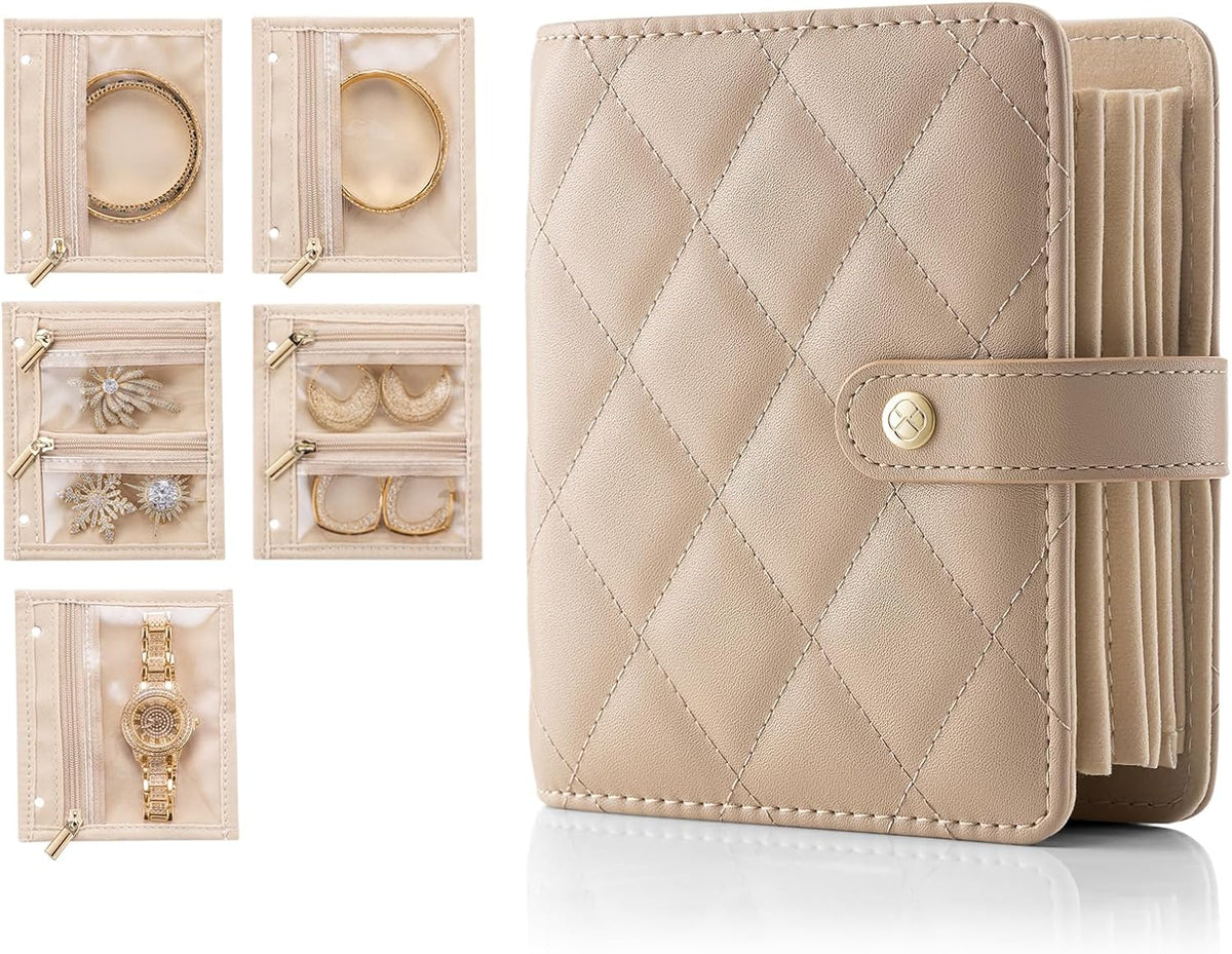 Jewelry Book Organizer - Leather Travel Jewelry Case with 5 Detachable Pages for Necklaces, Rings, Earrings, Tangle-Free, Giftable,Seashell Pink