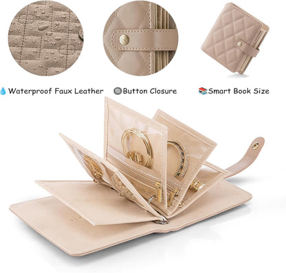 Jewelry Book Organizer - Leather Travel Jewelry Case with 5 Detachable Pages for Necklaces, Rings, Earrings, Tangle-Free, Giftable,Seashell Pink