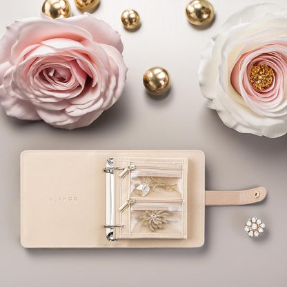 Jewelry Book Organizer - Leather Travel Jewelry Case with 5 Detachable Pages for Necklaces, Rings, Earrings, Tangle-Free, Giftable,Seashell Pink