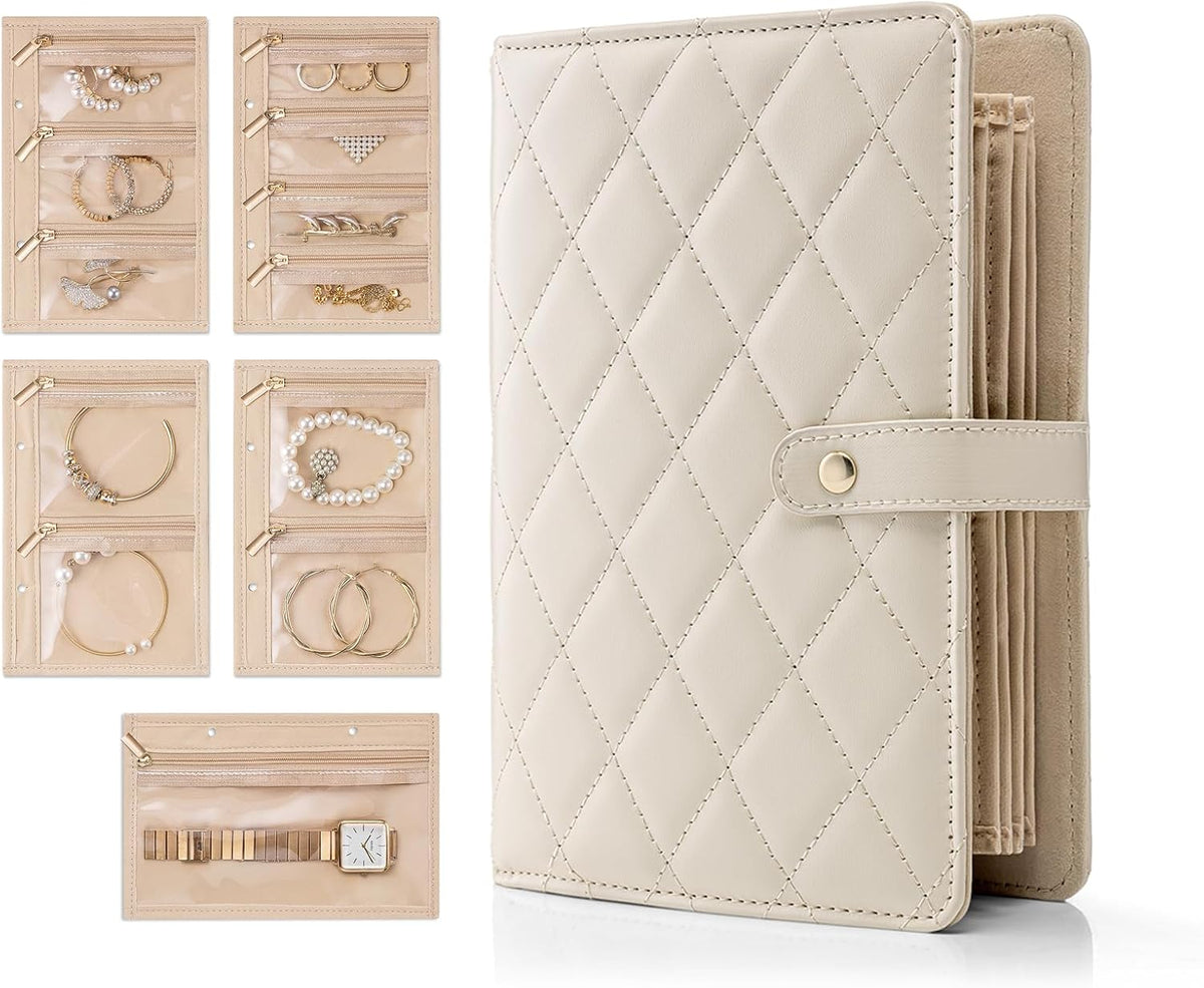 Jewelry Book Organizer - Leather Travel Jewelry Case with 5 Detachable Pages for Necklaces, Rings, Earrings, Tangle-Free, Giftable,Seashell Pink