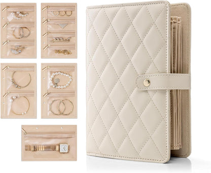 Jewelry Book Organizer - Leather Travel Jewelry Case with 5 Detachable Pages for Necklaces, Rings, Earrings, Tangle-Free, Giftable,Seashell Pink