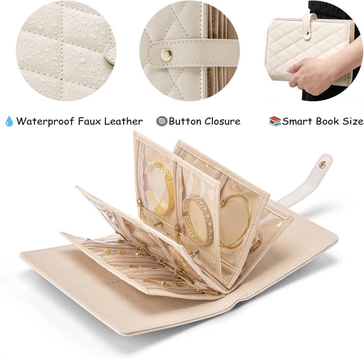 Jewelry Book Organizer - Leather Travel Jewelry Case with 5 Detachable Pages for Necklaces, Rings, Earrings, Tangle-Free, Giftable,Seashell Pink