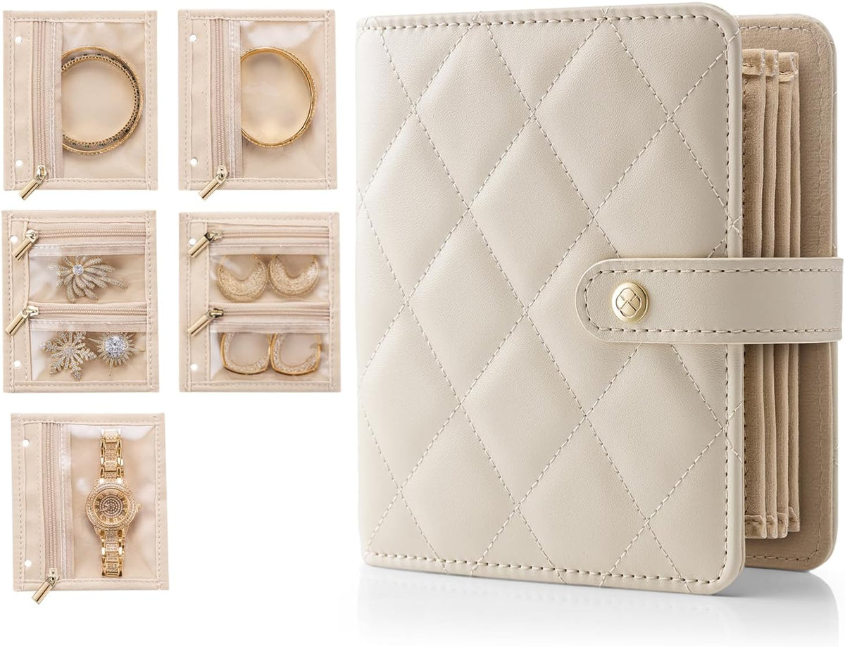 Jewelry Book Organizer - Leather Travel Jewelry Case with 5 Detachable Pages for Necklaces, Rings, Earrings, Tangle-Free, Giftable,Seashell Pink