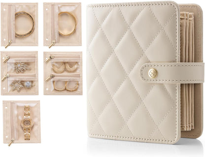 Jewelry Book Organizer - Leather Travel Jewelry Case with 5 Detachable Pages for Necklaces, Rings, Earrings, Tangle-Free, Giftable,Seashell Pink