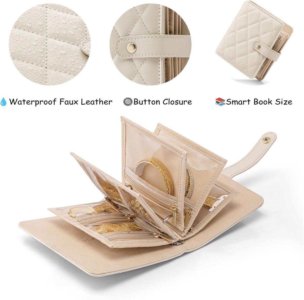 Jewelry Book Organizer - Leather Travel Jewelry Case with 5 Detachable Pages for Necklaces, Rings, Earrings, Tangle-Free, Giftable,Seashell Pink