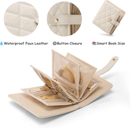 Jewelry Book Organizer - Leather Travel Jewelry Case with 5 Detachable Pages for Necklaces, Rings, Earrings, Tangle-Free, Giftable,Seashell Pink