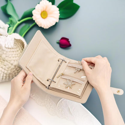 Jewelry Book Organizer - Leather Travel Jewelry Case with 5 Detachable Pages for Necklaces, Rings, Earrings, Tangle-Free, Giftable,Seashell Pink