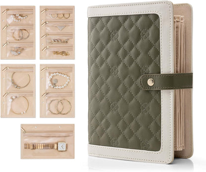 Jewelry Book Organizer - Leather Travel Jewelry Case with 5 Detachable Pages for Necklaces, Rings, Earrings, Tangle-Free, Giftable,Seashell Pink