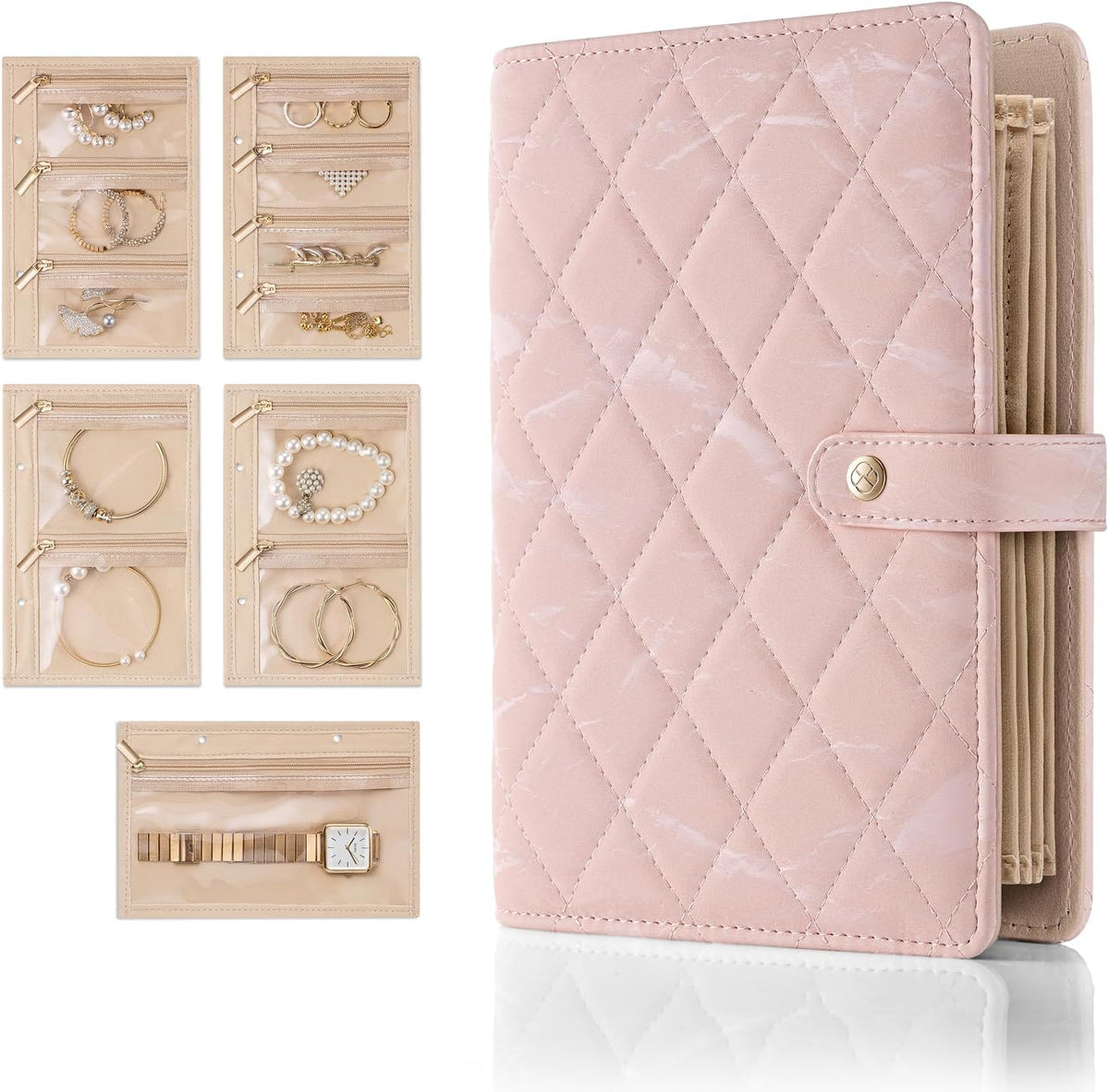 Jewelry Book Organizer - Leather Travel Jewelry Case with 5 Detachable Pages for Necklaces, Rings, Earrings, Tangle-Free, Giftable,Seashell Pink