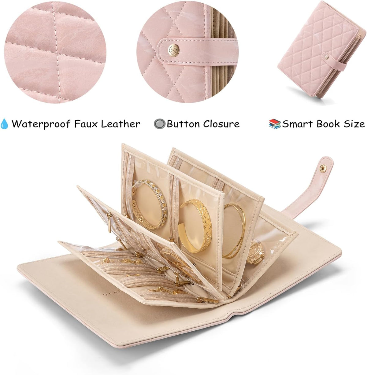 Jewelry Book Organizer - Leather Travel Jewelry Case with 5 Detachable Pages for Necklaces, Rings, Earrings, Tangle-Free, Giftable,Seashell Pink