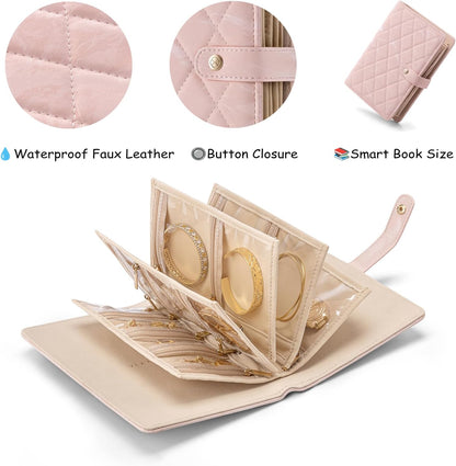 Jewelry Book Organizer - Leather Travel Jewelry Case with 5 Detachable Pages for Necklaces, Rings, Earrings, Tangle-Free, Giftable,Seashell Pink