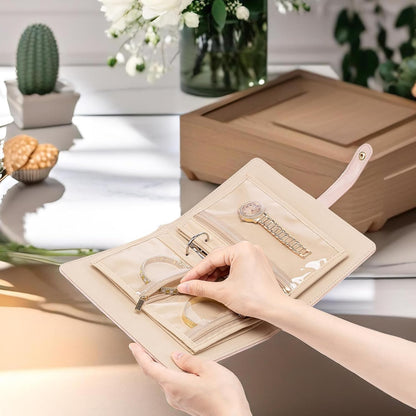 Jewelry Book Organizer - Leather Travel Jewelry Case with 5 Detachable Pages for Necklaces, Rings, Earrings, Tangle-Free, Giftable,Seashell Pink