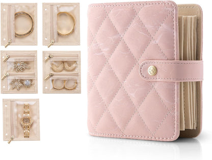 Jewelry Book Organizer - Leather Travel Jewelry Case with 5 Detachable Pages for Necklaces, Rings, Earrings, Tangle-Free, Giftable,Seashell Pink