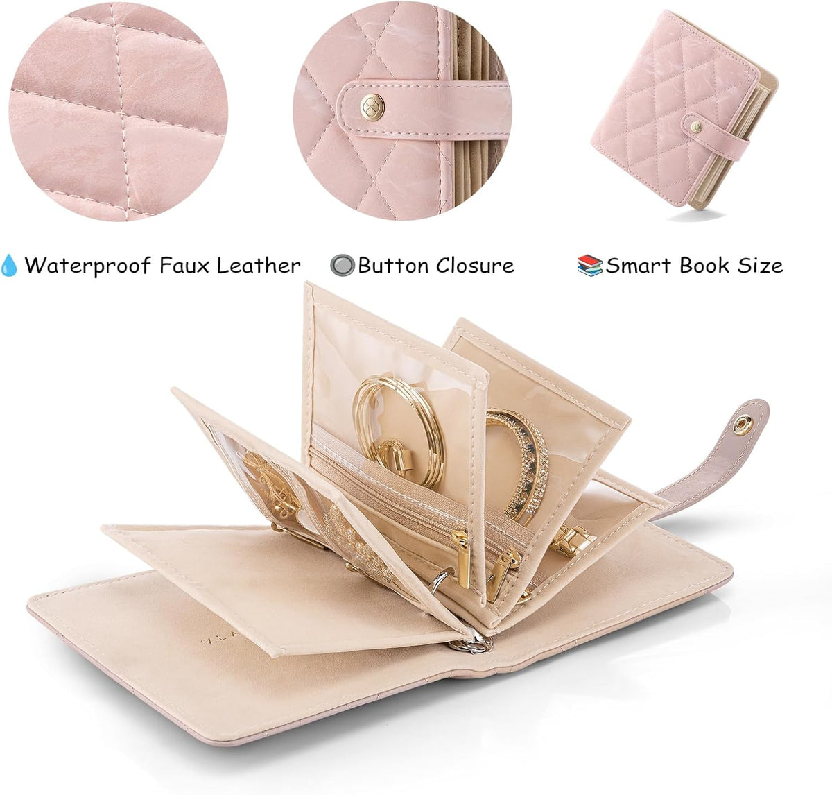 Jewelry Book Organizer - Leather Travel Jewelry Case with 5 Detachable Pages for Necklaces, Rings, Earrings, Tangle-Free, Giftable,Seashell Pink