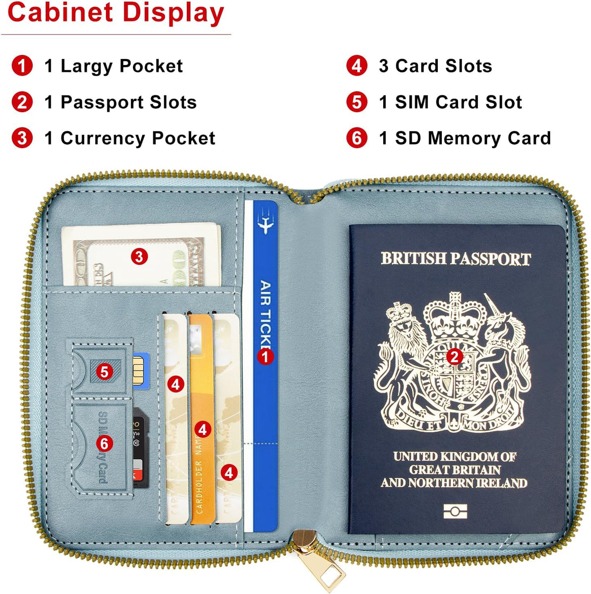 Passport Holder Travel Wallet - RFID Blocking Passport Holder Wallet, Full Zip Travel Card Cover with RFID Protection, Multi Slot Organizer for Cards Cash Documents Travel Essentials (Blue)