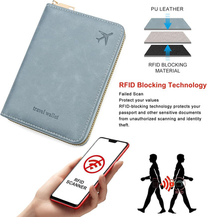Passport Holder Travel Wallet - RFID Blocking Passport Holder Wallet, Full Zip Travel Card Cover with RFID Protection, Multi Slot Organizer for Cards Cash Documents Travel Essentials (Blue)