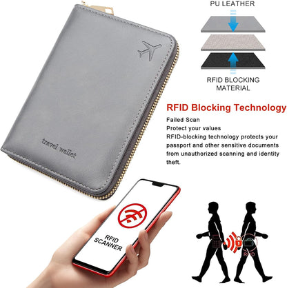 Passport Holder Travel Wallet - RFID Blocking Passport Holder Wallet, Full Zip Travel Card Cover with RFID Protection, Multi Slot Organizer for Cards Cash Documents Travel Essentials (Blue)