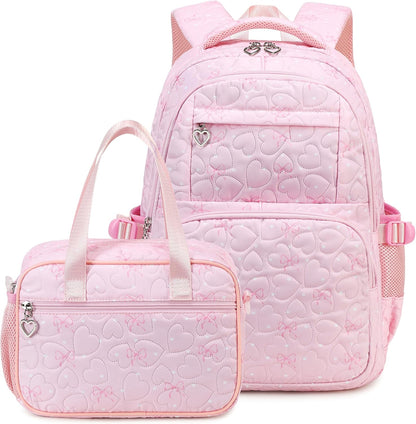 Girls Backpack Set with Bows Heart-shaped Lightweight Schoolbags for Girl Children Spacious Bookbag Waterproof (pink-2)