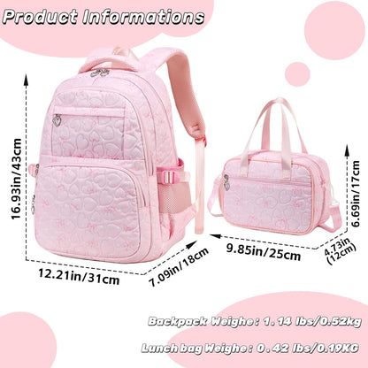 Girls Backpack Set with Bows Heart-shaped Lightweight Schoolbags for Girl Children Spacious Bookbag Waterproof (pink-2)