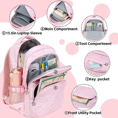 Girls Backpack Set with Bows Heart-shaped Lightweight Schoolbags for Girl Children Spacious Bookbag Waterproof (pink-2)