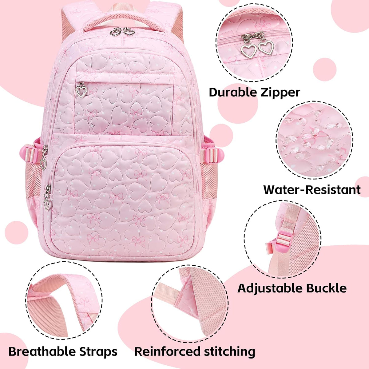 Girls Backpack Set with Bows Heart-shaped Lightweight Schoolbags for Girl Children Spacious Bookbag Waterproof (pink-2)