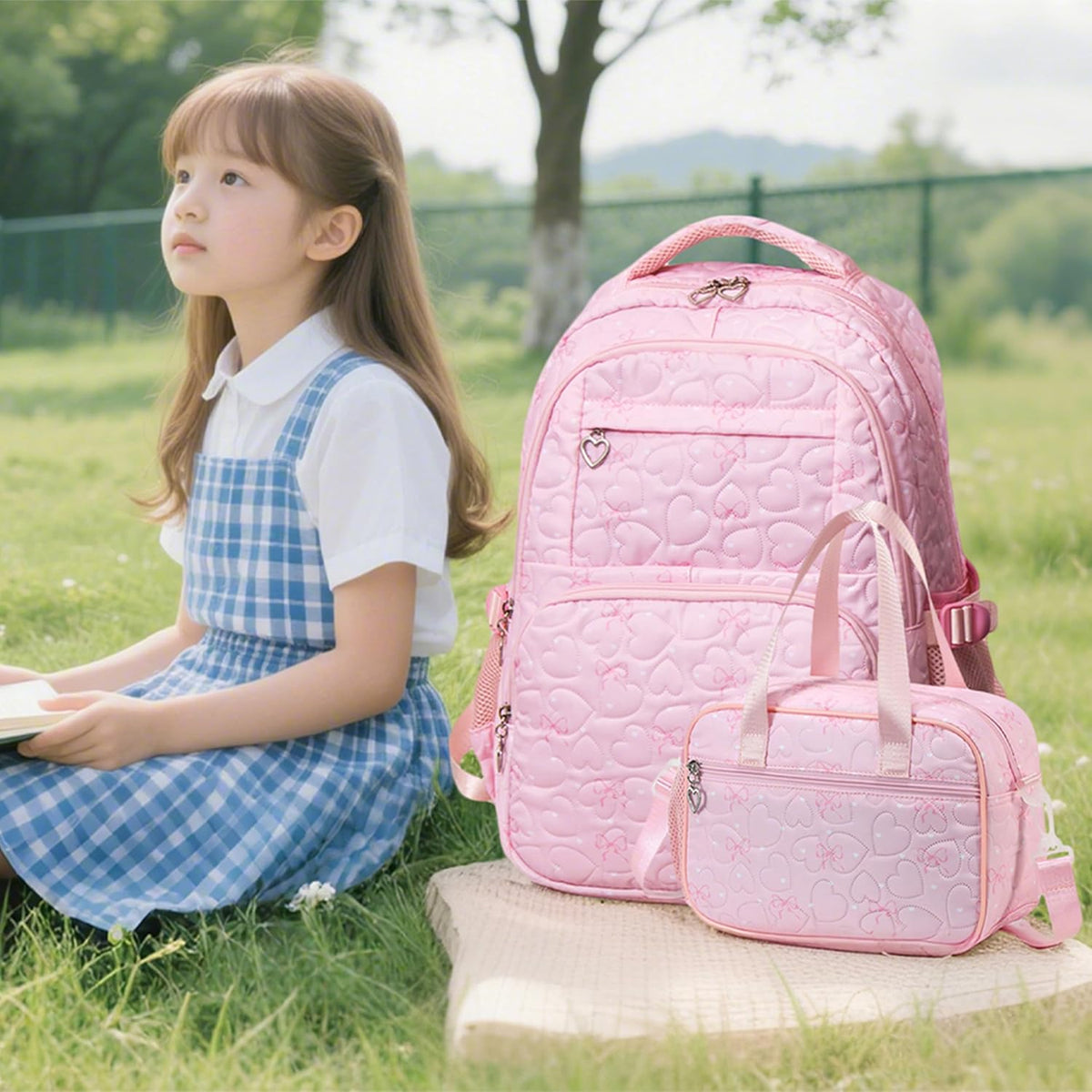 Girls Backpack Set with Bows Heart-shaped Lightweight Schoolbags for Girl Children Spacious Bookbag Waterproof (pink-2)