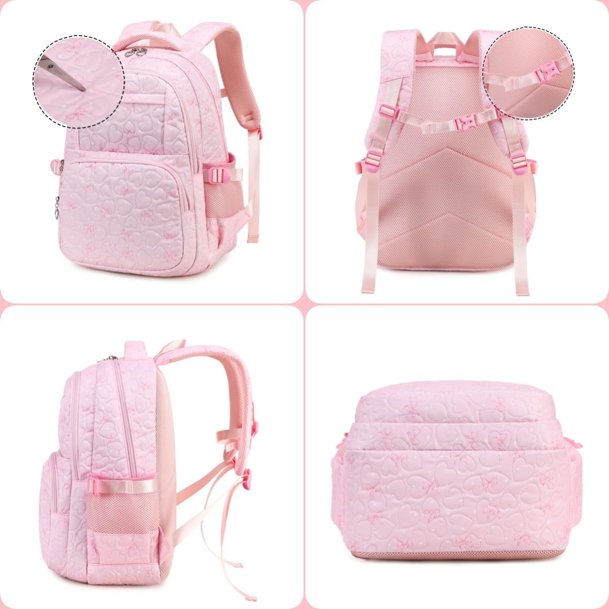 Girls Backpack Set with Bows Heart-shaped Lightweight Schoolbags for Girl Children Spacious Bookbag Waterproof (pink-2)